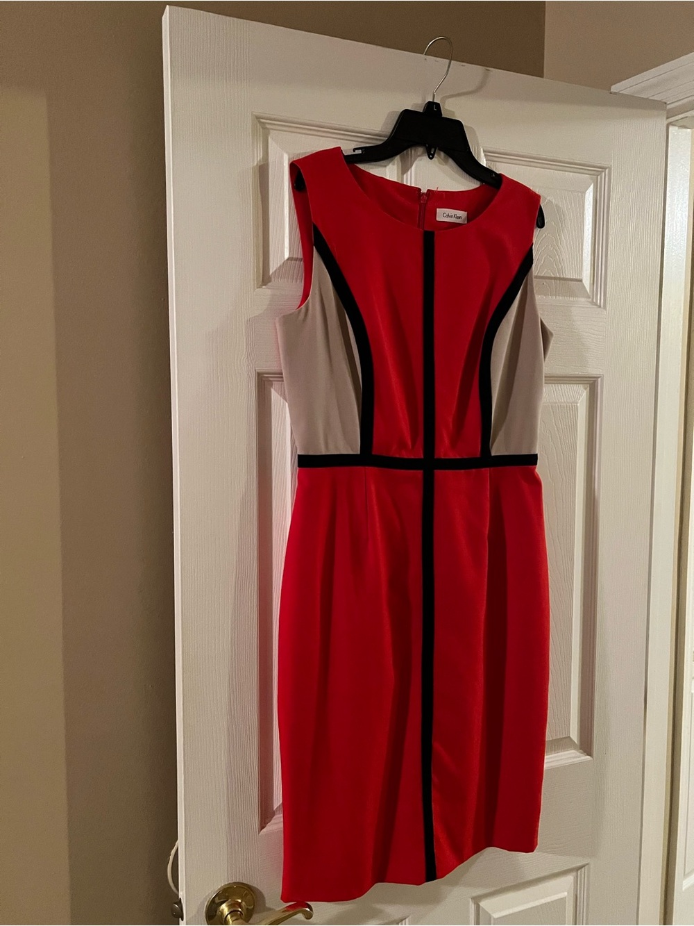 Calvin Klein Red Dress with Beige Panels and Black Piping